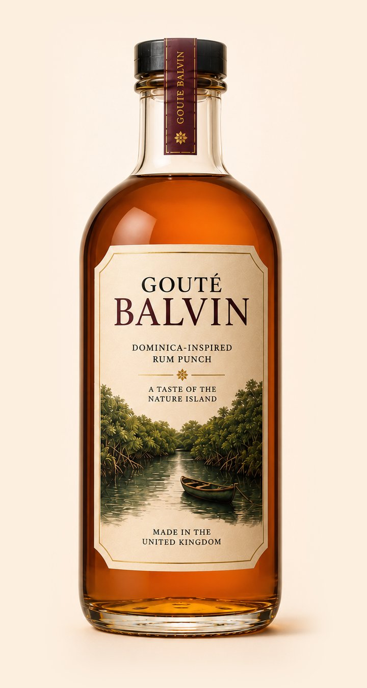A 700ml bottle of Gouté Balvin Dominica-inspired rum punch, deep amber, with a cream label showing the Indian River